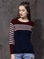 Roadster Women Maroon & Navy Striped Sweater