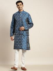 SOJANYA Men Blue Woven Design Kurta with Pyjamas With Nehru Jacket