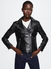 MANGO Women Black Leather Biker Jacket