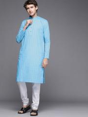 Manyavar Men Blue Solid Kurta with Churidar