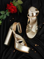 Flat n Heels Women Gold-Toned Block Sandals with Bows