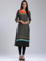 W Women Grey Printed Straight Kurta