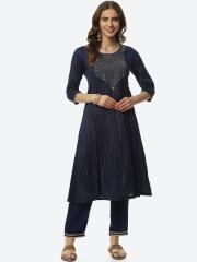 Biba Women Navy Blue Printed Kurta with Trousers