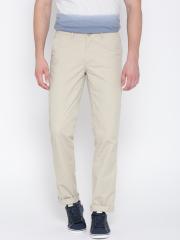 John Players Men Beige Solid Slim Fit Casual Trousers