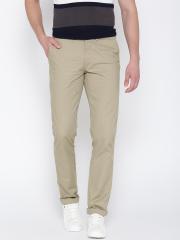 John Players Men Beige Slim Fit Solid Casual Trousers