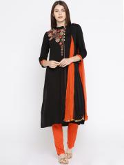 IMARA Women Black & Orange Embroidered Kurta with Trousers & Dupatta