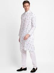 DEVOILER Men White Cotton Floral Printed Kurta