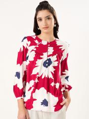 AKKRITI BY PANTALOONS Mandarin Collar Red and White Printed Tunic For Women