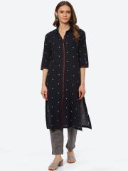 Biba Women Navy Blue Printed Kurta with Trouser set