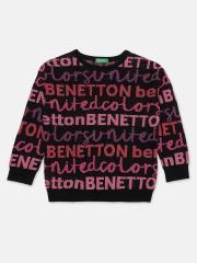 United Colors of Benetton Girls Black Printed Cotton Sweatshirt