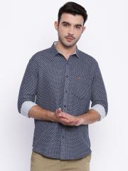 British Club Men Navy Blue Slim Fit Self Design Casual Shirt