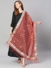 Dupatta Bazaar Women Red & Blue Printed Dupatta with Gotta Patti