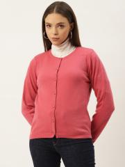 Madame Women Coral Red Solid Cardigan