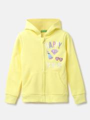 United Colors of Benetton Girls Yellow Printed Hooded Sweatshirt