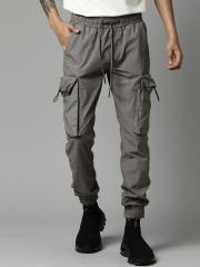 Breakbounce Men Grey Solid Slim Fit Cotton Cargo Joggers