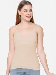 Soie Women Beige Solid Cotton Camisole