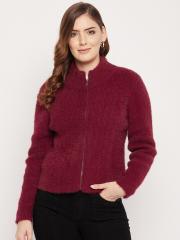 Madame Women Maroon Solid Woolen Cardigan