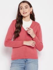 Madame Women Coral Solid Woolen Cardigan