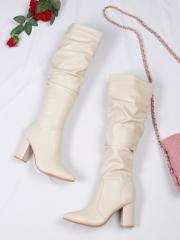 Flat n Heels Women Beige Solid Slouchy Boots