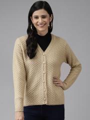 Cayman Women Beige Solid Woolen Cardigan