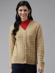 Cayman Women Beige Solid Woolen Cardigan