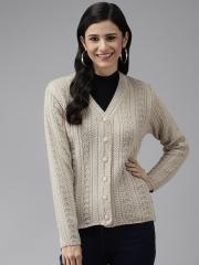 Cayman Women Beige Solid Woolen Cardigan