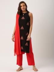 IMARA Women Black & Red Embroidered Kurta with Trousers & Dupatta