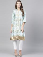 W Women Blue Printed Straight Kurta