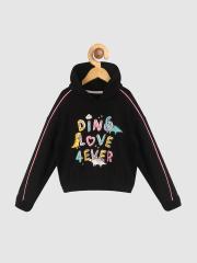 YK Girls Black Printed Hooded Sweatshirt