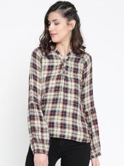 Roadster Women Beige & Maroon Checked Shirt Style Top