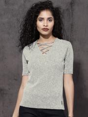 Roadster Women Grey Striped Top