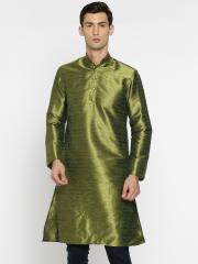 British Club Men Green Solid Silk Straight Kurta