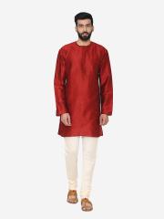 Manyavar Men Maroon Solid Straight Kurta