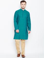 Manyavar Men Green Striped Straight Kurta