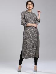 W Women Grey Printed Straight Kurta