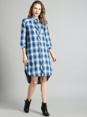 Roadster Women Blue Checked Shirt Dress