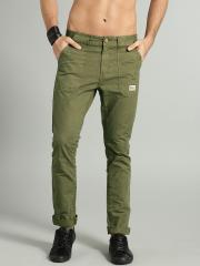 Roadster Men Olive Green Regular Fit Solid Regular Trousers