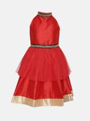 YK Girls Red Solid Maxi Dress