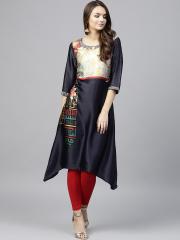 W Women Navy Blue & Yellow Printed A-Line Kurta