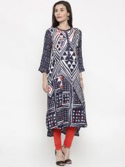 Global Desi Women Blue Printed Straight Kurta