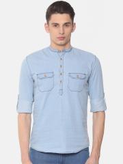 Nature Casuals Men Blue Solid Chambray Straight Kurta