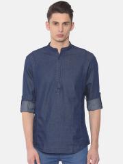 Nature Casuals Men Blue Chambray Solid Straight Kurta