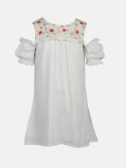 YK Girls White Self Design A-Line Dress