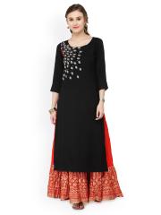 Varanga Women Black & Orange Embroidered Kurta with Skirt