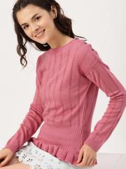 DressBerry Women Pink Self Design Pullover