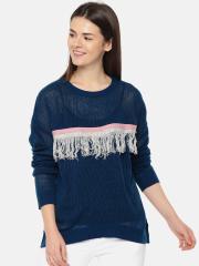 DressBerry Women Navy Blue Solid Pullover