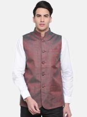 British Club Men Burgundy Solid Nehru Jacket