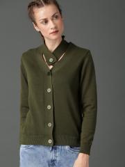 Roadster Women Olive Green Solid Cardigan