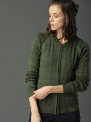 Roadster Women Green Self Design Cardigan