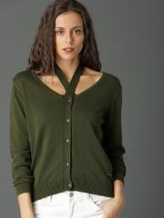 Roadster Women Olive Green Solid Cardigan